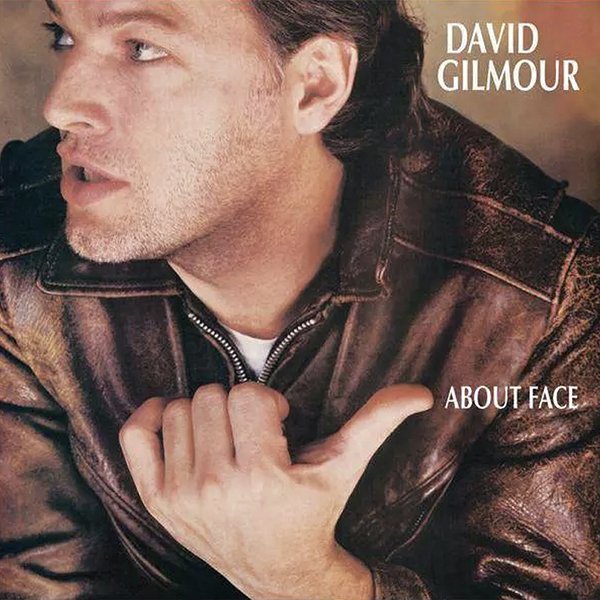 Close-up of a man wearing a brown leather jacket, with text indicating he is David Gilmour, about face