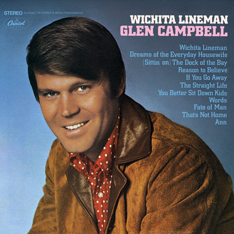 Album cover of Glen Campbell's record titled "Wichita Lineman" featuring a smiling portrait of Glen Campbell wearing a brown leather jacket and a red polka dot shirt, with track titles listed to the right.
