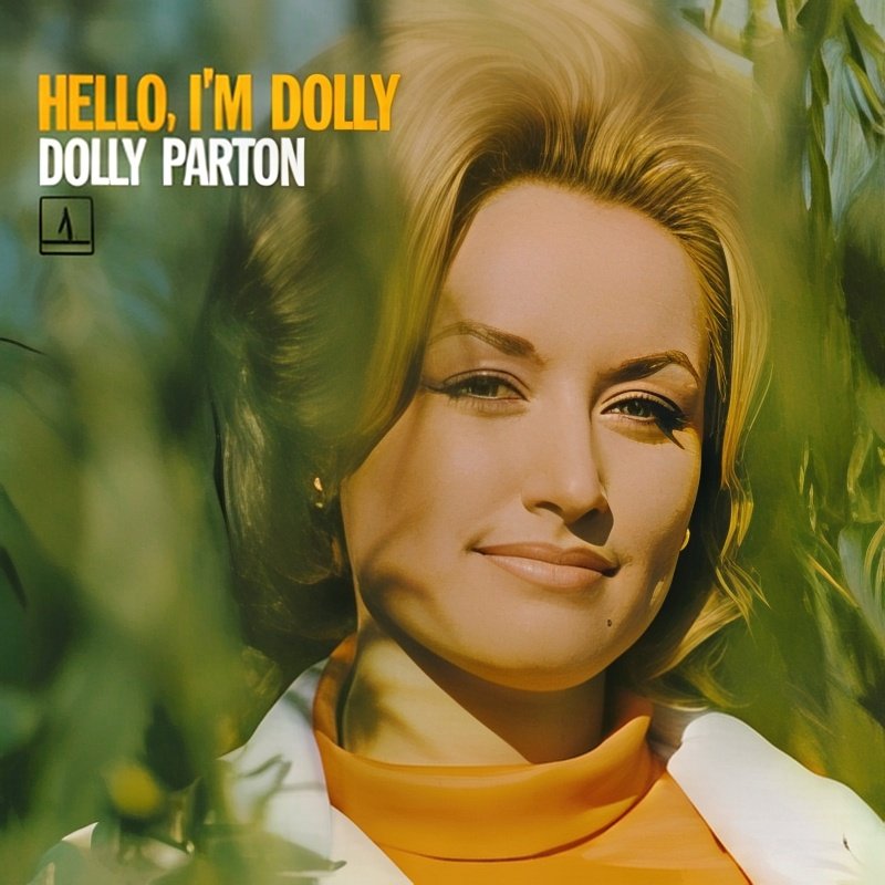 Album cover featuring a woman with blonde hair winking, surrounded by green foliage, with text saying 'Hello, I'm Dolly' and 'Dolly Parton'