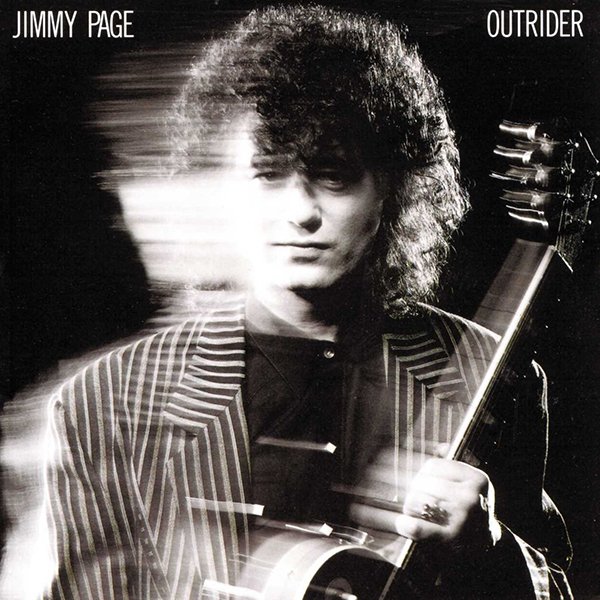 Black and white album cover featuring Jimmy Page holding an acoustic guitar, with motion blur effect, titled "Outrider".