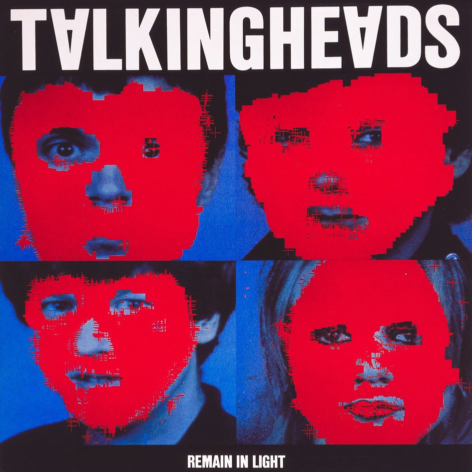 Album cover for Talking Heads' "Remain in Light" featuring four portraits of band members with faces painted red and black, styled in a pixelated, digital art aesthetic.